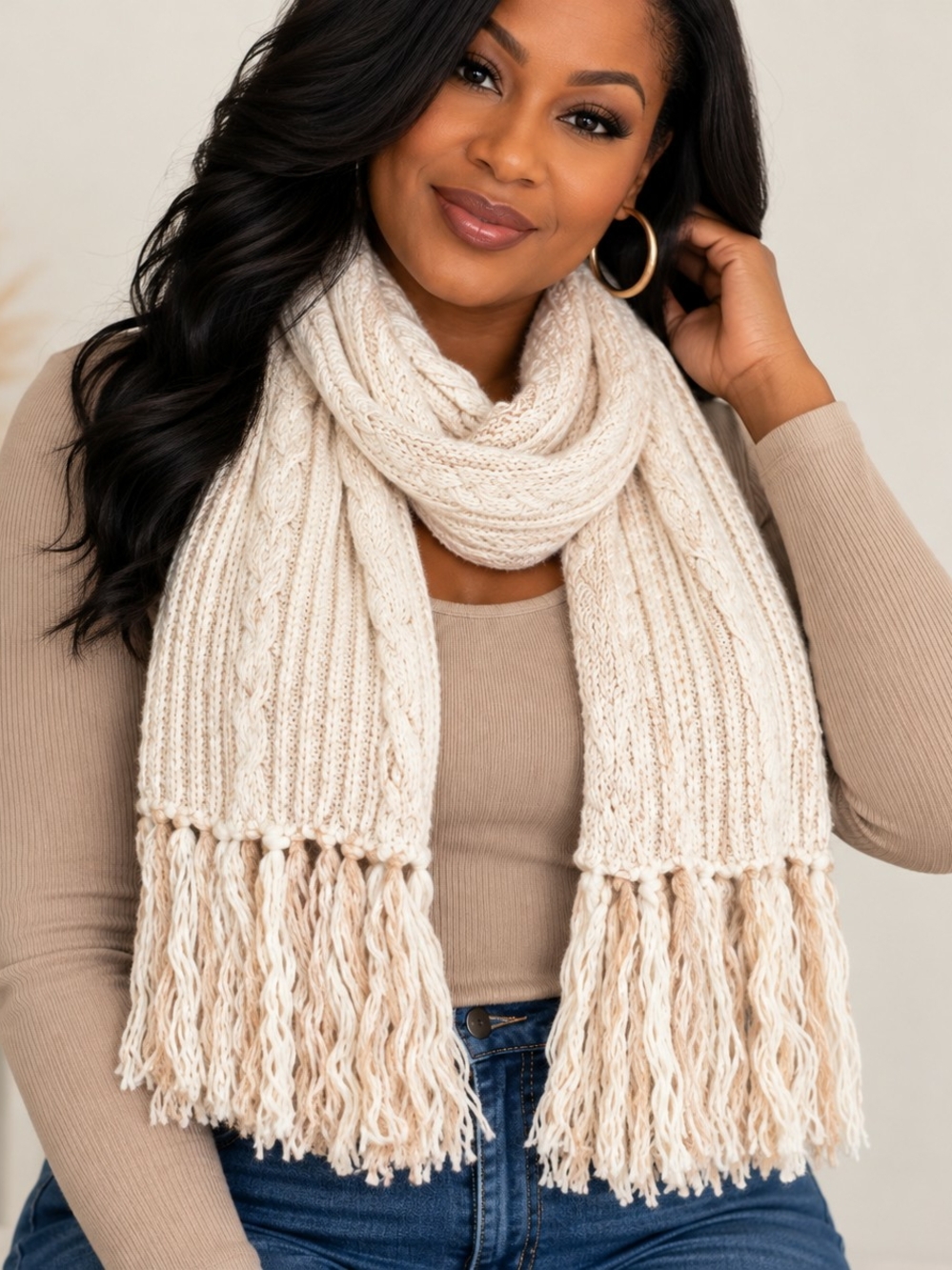 TORRID Cozy Cable Knit Fringe Scarf - Cream